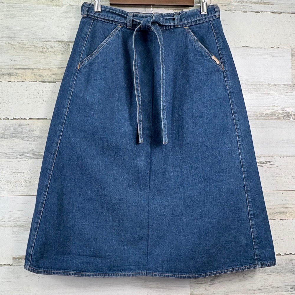 Vintage 70s Levi's Orange Tab Jean Denim Wrap Skirt 27 Blue Belted Midi A‎ Line